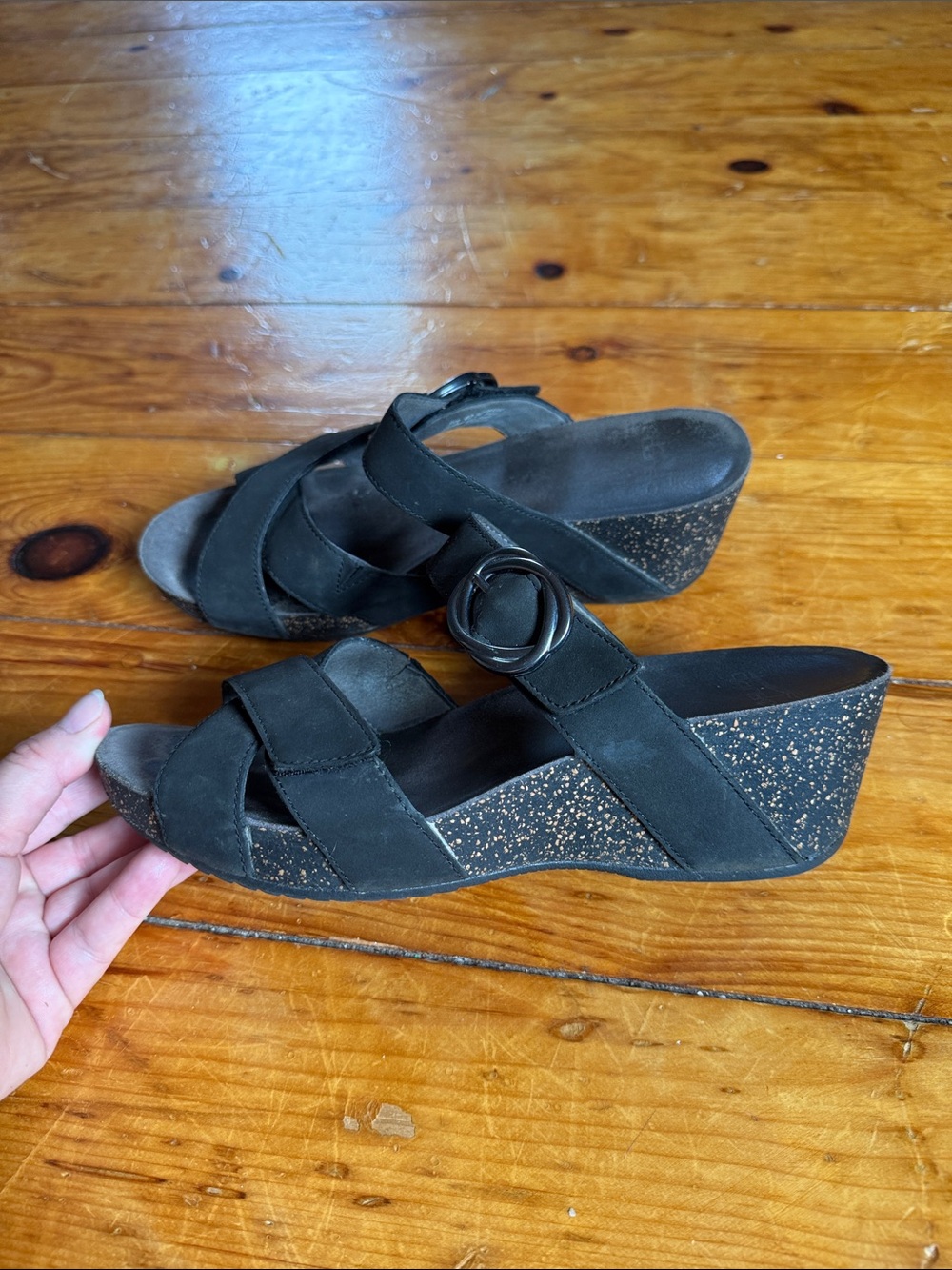 Dansko Black Crisscross Wedge Sandals with Buckle